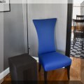 F05. Pair of blue slipper chairs. 45"h x 22"w 